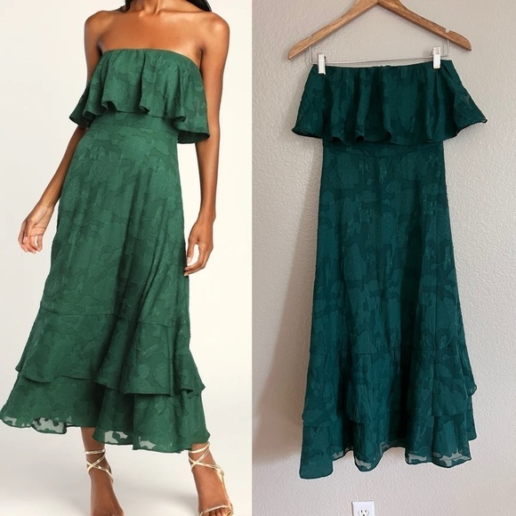 Love You So Truly Dark Green Burnout Floral Strapless Midi Dress - Picture 1 of 10